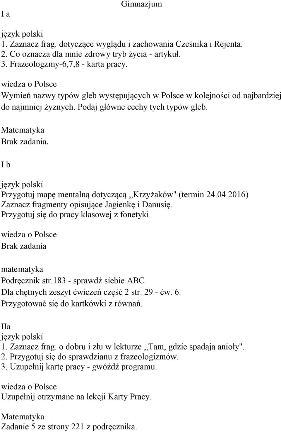 I b Przygotuj mapę mentalną dotyczącą,,krzyżaków" (termin 24.04.2016) Zaznacz fragmenty opisujące Jagienkę i Danusię. Przygotuj się do pracy klasowej z fonetyki. Brak zadania Podręcznik str.