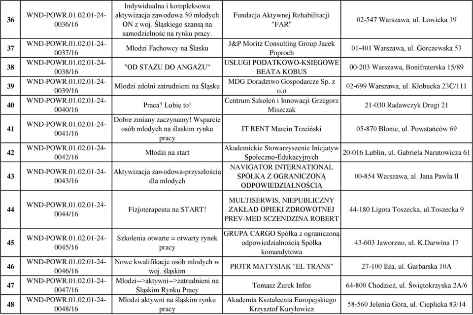 Wsparcie osób młodych na ślaskim rynku pracy Młodzi na start Aktywizacja zawodowa-przyszłością dla młodych Fundacja Aktywnej Rehabilitacji "FAR" J&P Moritz Consulting Group Jacek Poproch USŁUGI