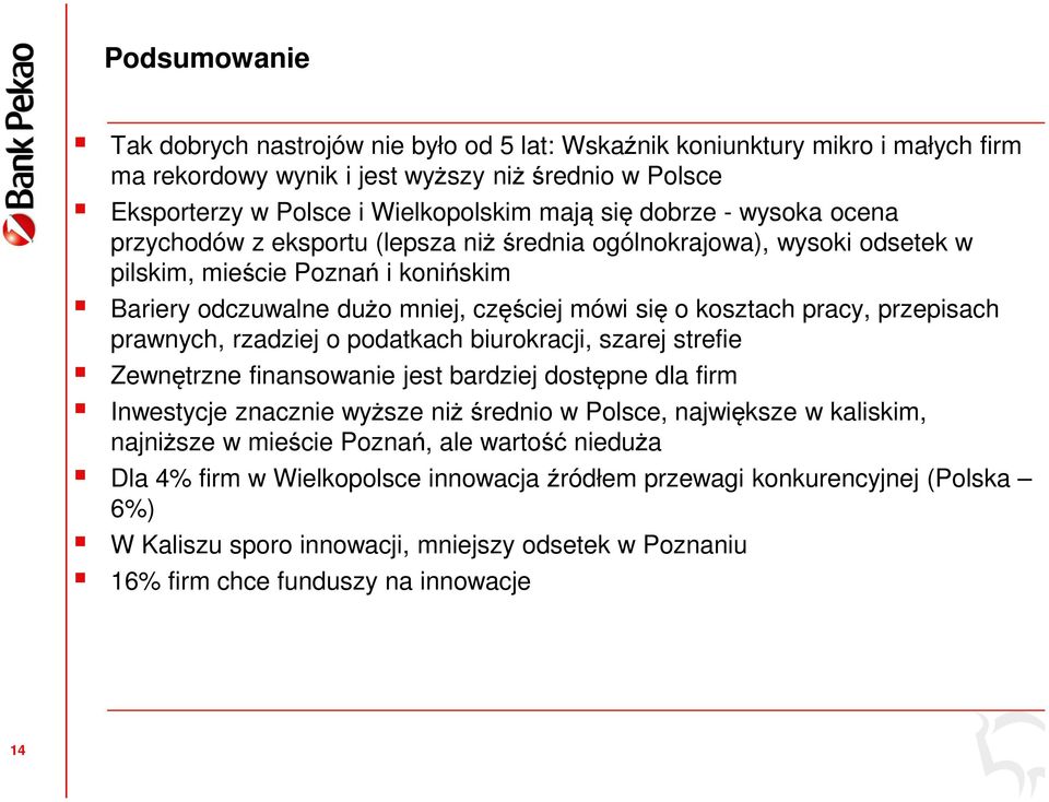 przepisach prawnych, rzadziej o podatkach biurokracji, szarej strefie Zewnętrzne finansowanie jest bardziej dostępne dla firm Inwestycje znacznie wyższe niż średnio w Polsce, największe w kaliskim,