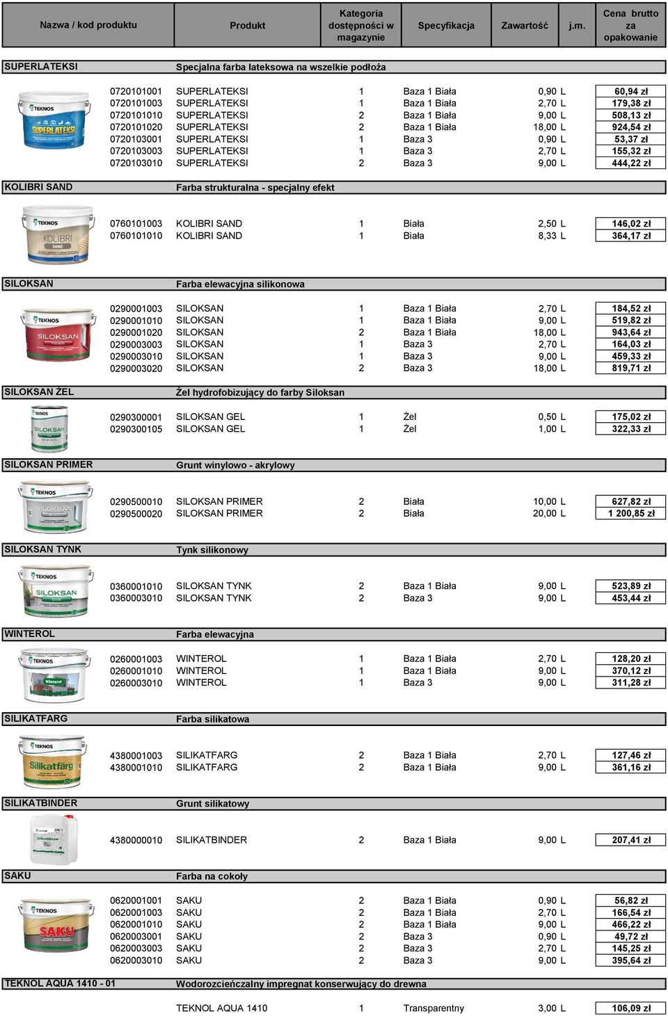 0720103010 SUPERLATEKSI 2 Ba 3 9,00 L 444,22 zł KOLIBRI SAND Farba strukturalna - specjalny efekt 0760101003 KOLIBRI SAND 1 Biała 2,50 L 146,02 zł 0760101010 KOLIBRI SAND 1 Biała 8,33 L 364,17 zł