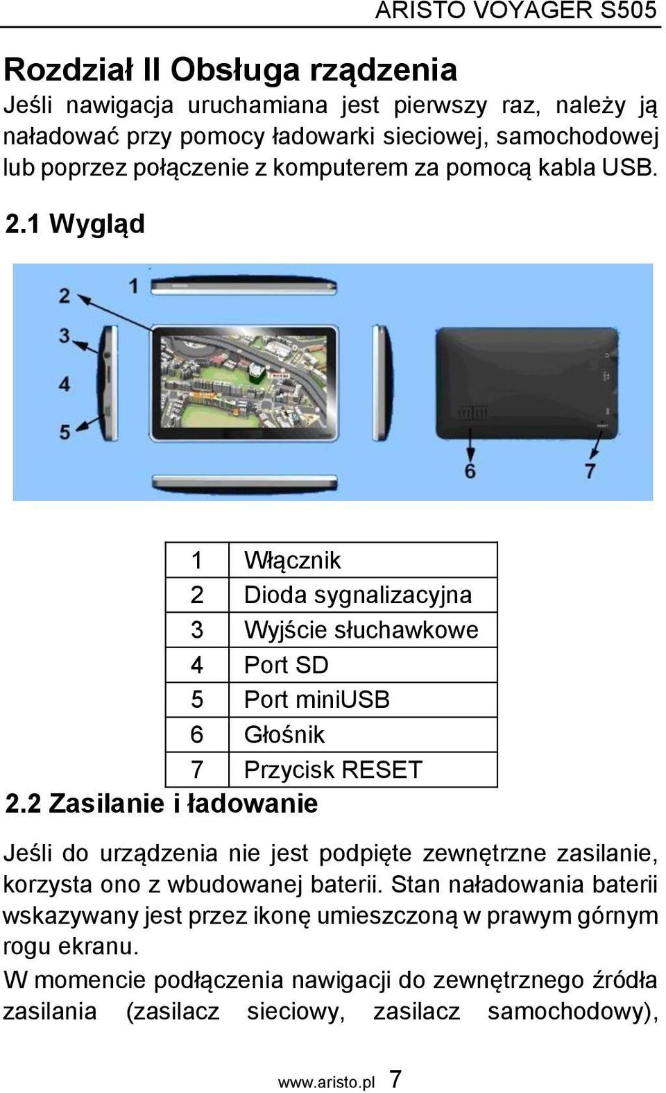 1 Wygląd 1 Włącznik 2 Dioda sygnalizacyjna 3 Wyjście słuchawkowe 4 Port SD 5 Port miniusb 6 Głośnik 7 Przycisk RESET 2.