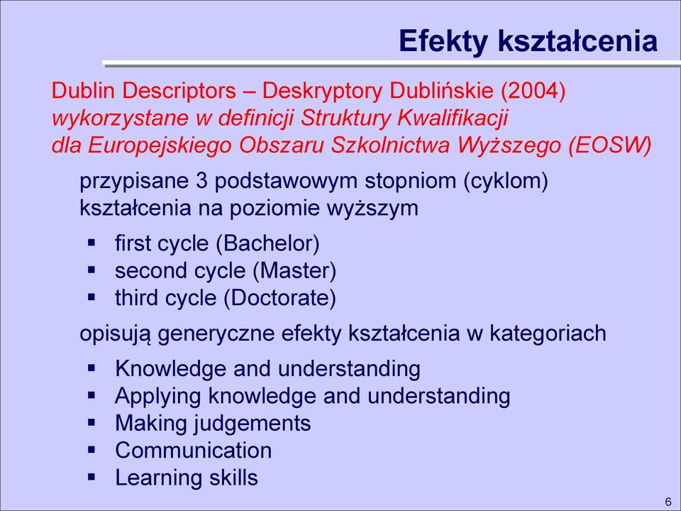 wyższym first cycle (Bachelor) second cycle (Master) third cycle (Doctorate) opisują generyczne efekty kształcenia w