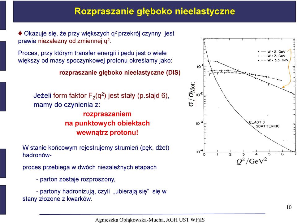 Jeżeli form faktor F 2 (q 2 ) jest stały (p.slajd 6), mamy do czynienia z: rozpraszaniem na punktowych obiektach wewnątrz protonu!