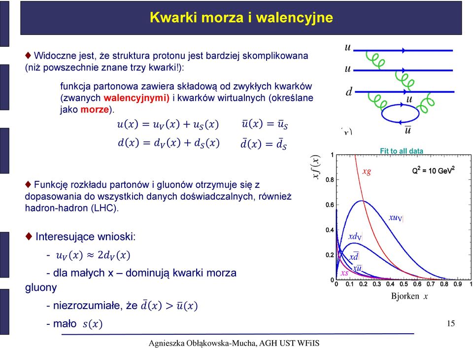 u x = u V x + u S (x) d x = d V x + d S (x) u x = u S d x = d S Funkcję rozkładu partonów i gluonów otrzymuje się z dopasowania do wszystkich