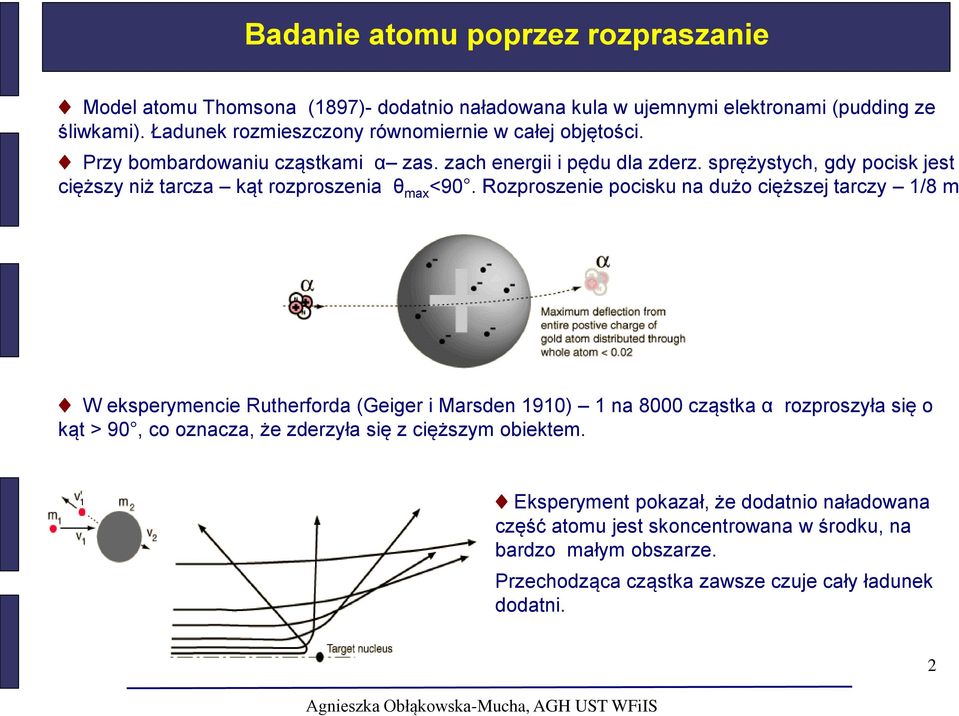 sprężystych, gdy pocisk jest cięższy niż tarcza kąt rozproszenia θ max <90.