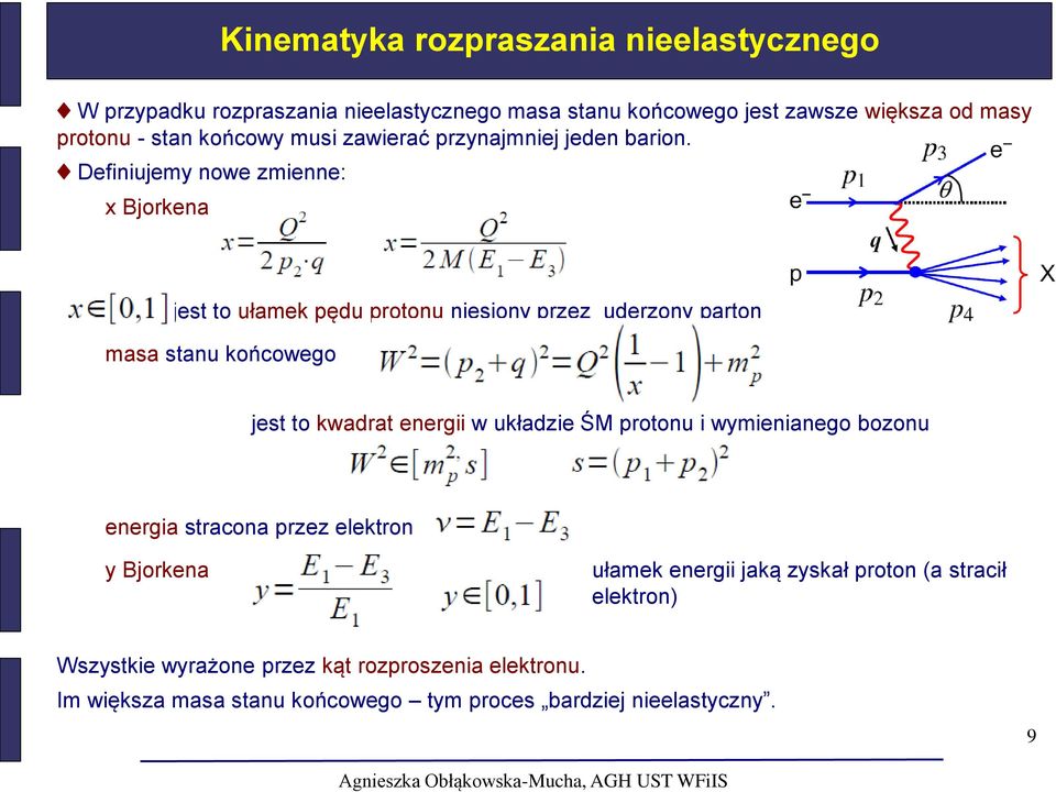 Definiujemy nowe zmienne: x Bjorkena jest to ułamek pędu protonu niesiony przez uderzony parton masa stanu końcowego jest to kwadrat energii w