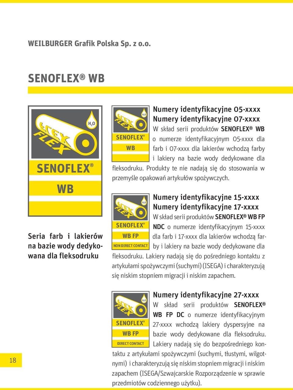 o. SENOFLEX WB SENOFLEX WB H 2O Seria farb i lakierów na bazie wody dedykowana dla fleksodruku Numery identyfikacyjne 05-xxxx H 2O Numery identyfikacyjne 07-xxxx W skład serii produktów SENOFLEX WB