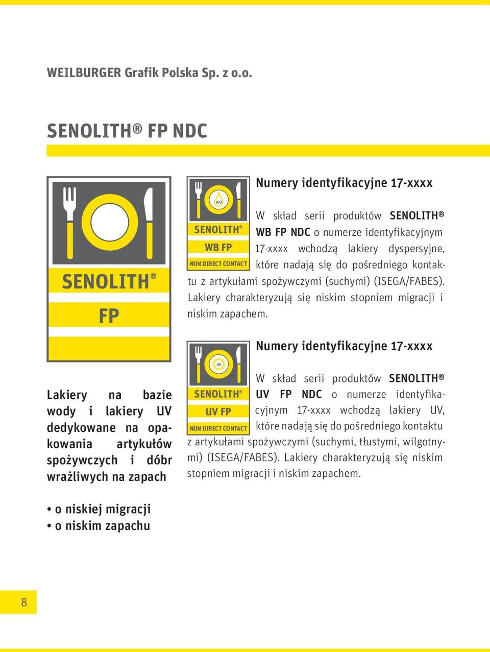 o. SENOLITH FP NDC Numery identyfikacyjne 17-xxxx SENOLITH FP Lakiery na bazie wody i lakiery UV dedykowane na opakowania artykułów spożywczych i dóbr wrażliwych na zapach H 2O SENOLITH WB FP NON