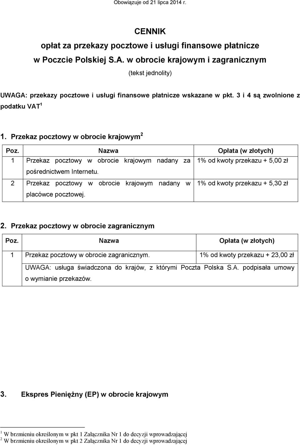 Przekaz pocztowy w obrocie krajowym 2 1 Przekaz pocztowy w obrocie krajowym nadany za 1% od kwoty przekazu + 5,00 zł pośrednictwem Internetu.