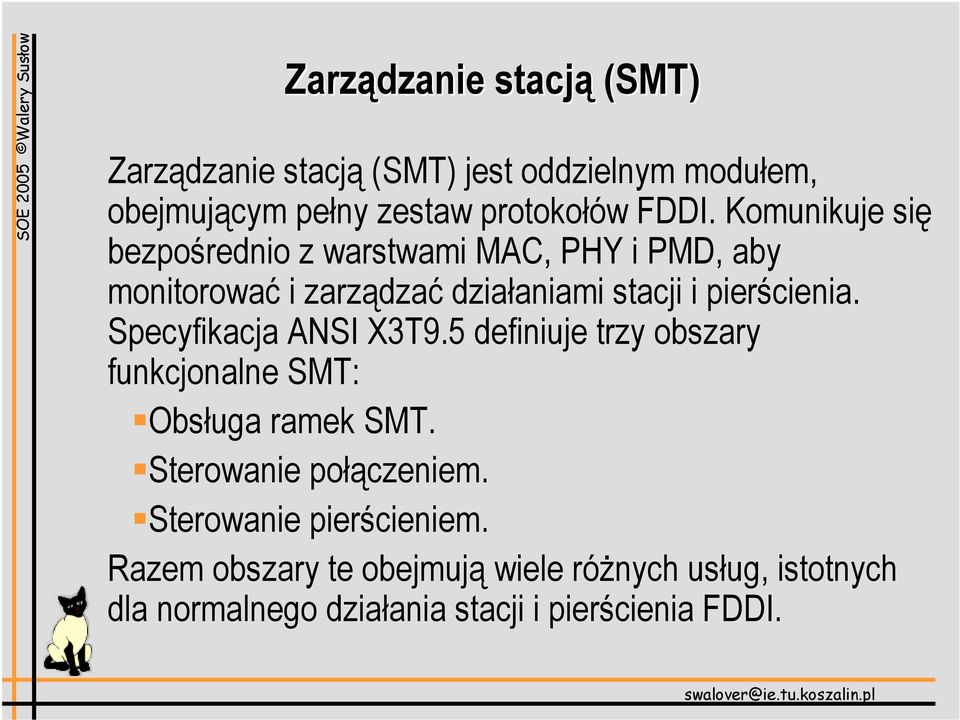 Specyfikacja ANSI X3T9.5 definiuje trzy obszary funkcjonalne SMT: Obsługa ramek SMT. Sterowanie połączeniem.