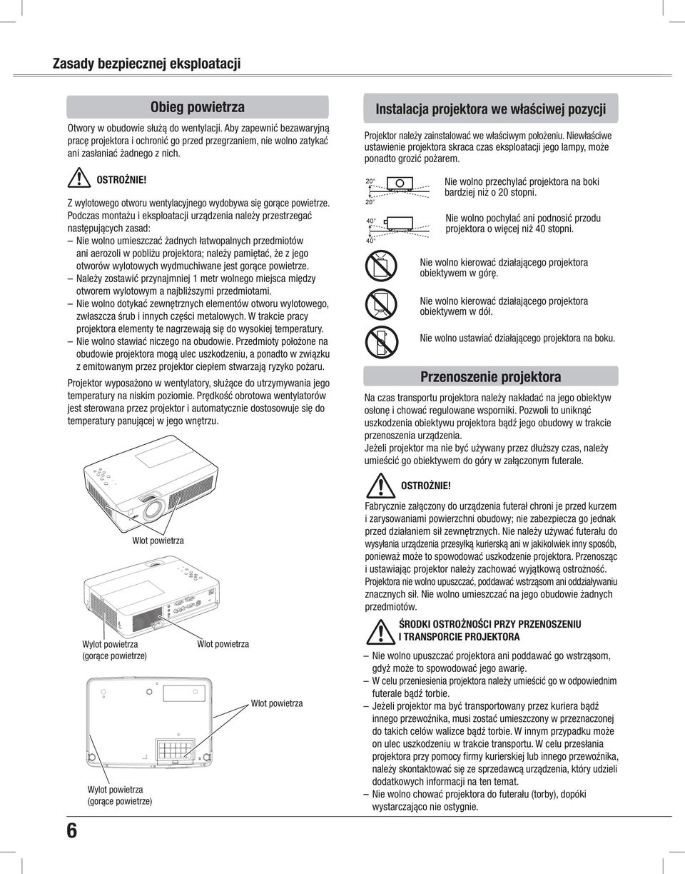Podczas montażu i eksploatacji urządzenia należy przestrzegać następujących zasad: Nie wolno umieszczać żadnych łatwopalnych przedmiotów ani aerozoli w pobliżu projektora; należy pamiętać, że z jego