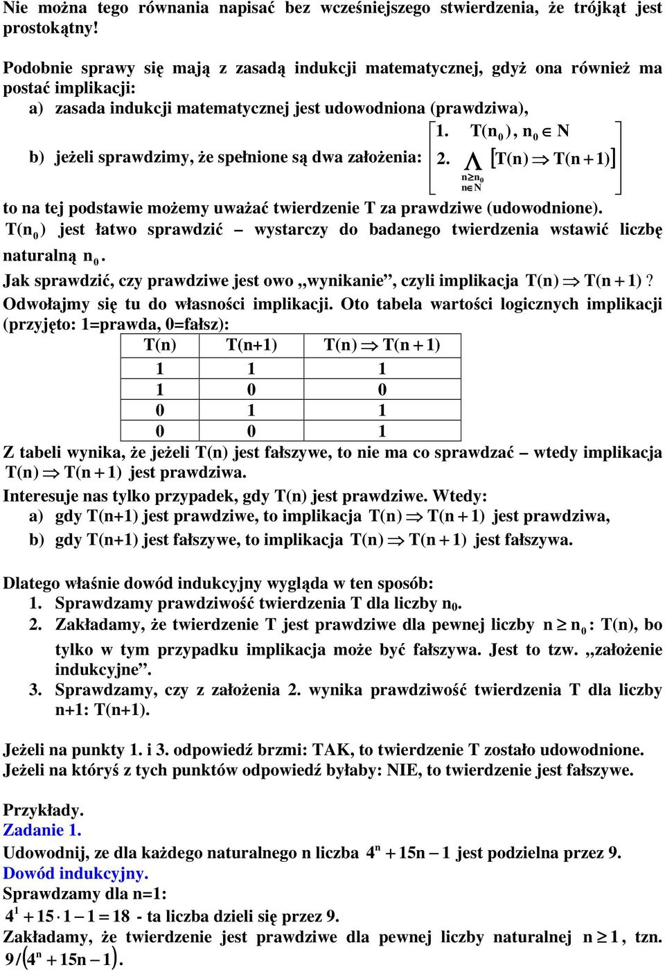 założeia: Λ [ T() T( ) ] N to a tej podstawie możemy uważać twierdzeie T za prawdziwe (udowodioe) T( ) jest łatwo sprawdzić wystarczy do badaego twierdzeia wstawić liczbę aturalą Jak sprawdzić, czy