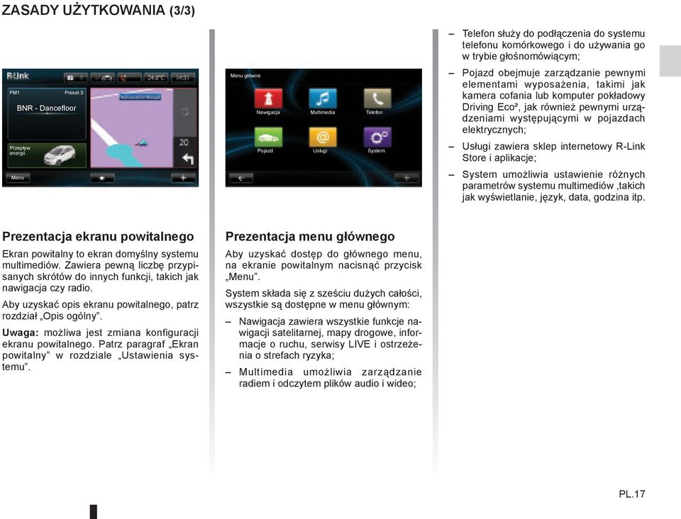 występującymi w pojazdach elektrycznych; Usługi zawiera sklep internetowy R-Link Store i aplikacje; System umożliwia ustawienie różnych parametrów systemu multimediów,takich jak wyświetlanie, język,