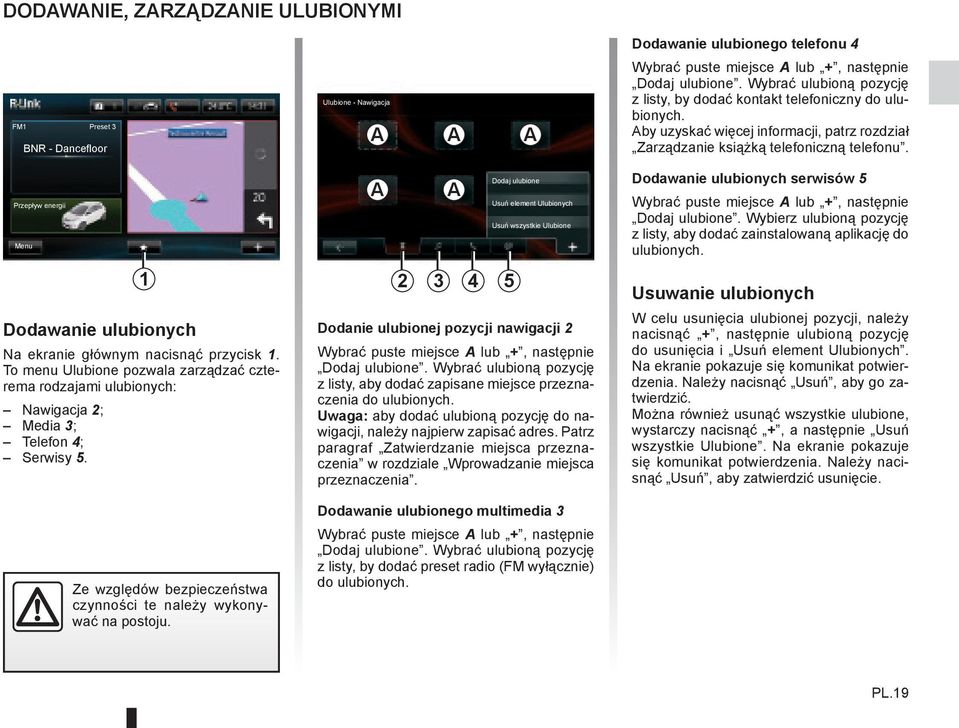 Ulubione - Nawigacja A A A A A Dodaj ulubione 2 3 4 5 Usuń element Ulubionych Usuń wszystkie Ulubione Dodanie ulubionej pozycji nawigacji 2 Wybrać puste miejsce A lub +, następnie Dodaj ulubione.