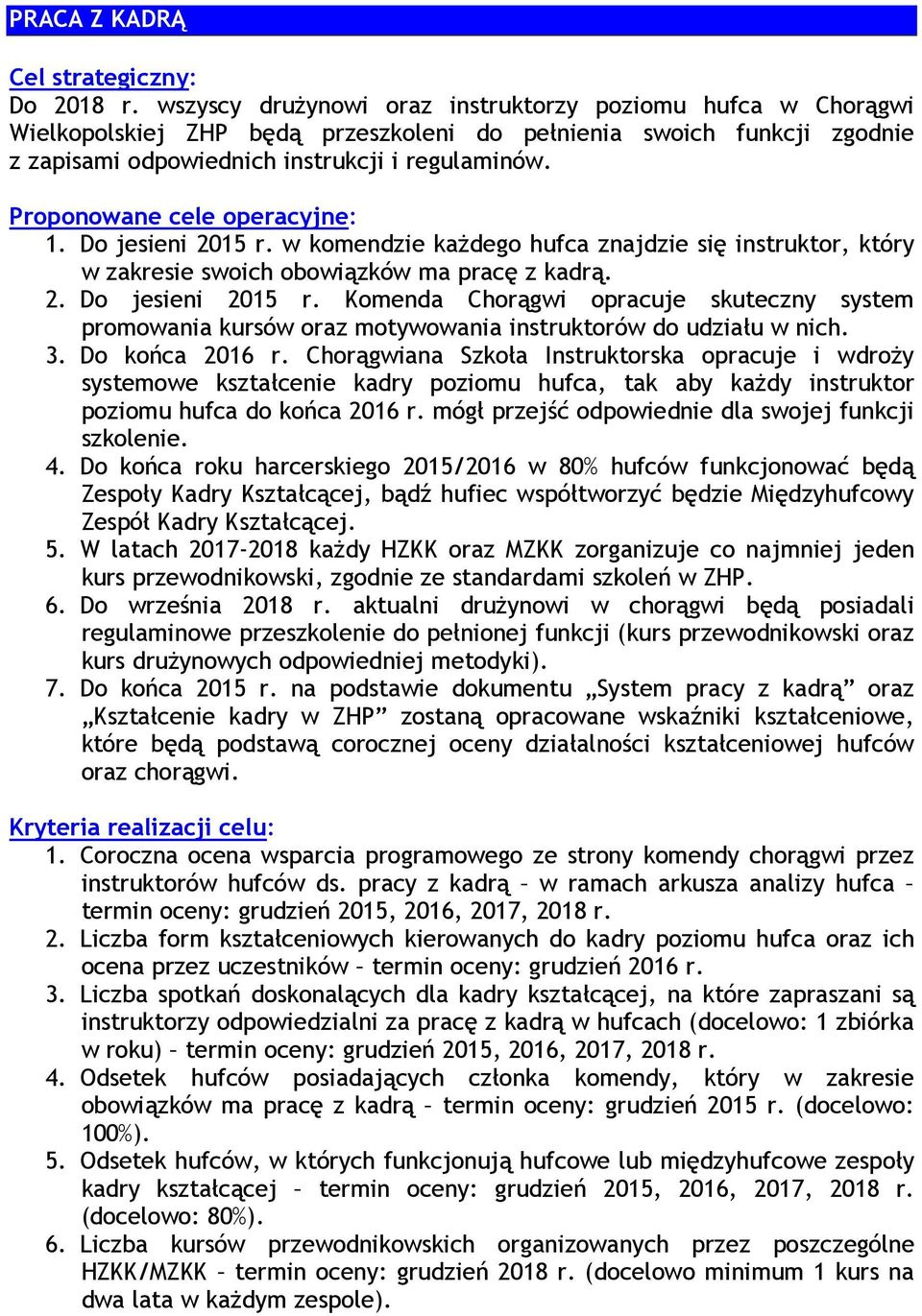 Do jesieni 2015 r. w komendzie każdego hufca znajdzie się instruktor, który w zakresie swoich obowiązków ma pracę z kadrą. 2. Do jesieni 2015 r.