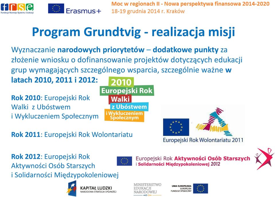 latach 2010, 2011 i 2012: Rok 2010: Europejski Rok Walki z Ubóstwem i Wykluczeniem Społecznym Rok 2011: