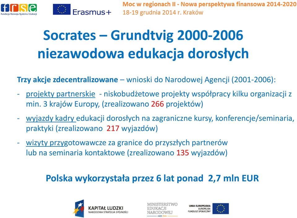 3 krajów Europy, (zrealizowano 266 projektów) - wyjazdy kadry edukacji dorosłych na zagraniczne kursy, konferencje/seminaria, praktyki