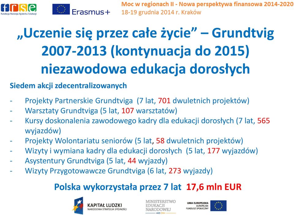 edukacji dorosłych (7 lat, 565 wyjazdów) - Projekty Wolontariatu seniorów (5 lat, 58 dwuletnich projektów) - Wizyty i wymiana kadry dla edukacji