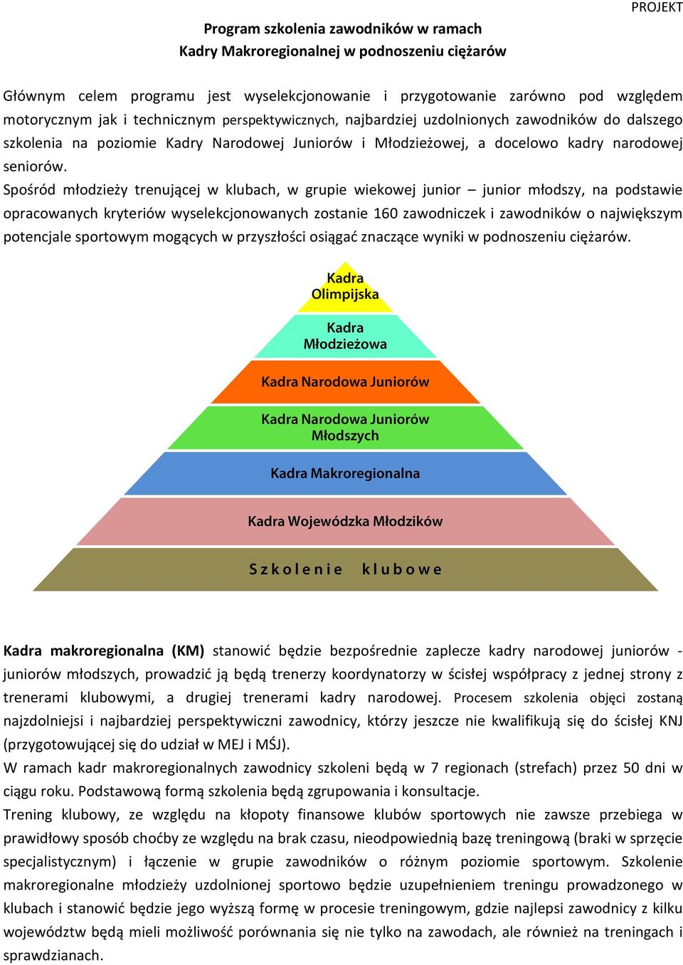 Spośród młodzieży trenującej w klubach, w grupie wiekowej junior junior młodszy, na podstawie opracowanych kryteriów wyselekcjonowanych zostanie 160 zawodniczek i zawodników o największym potencjale