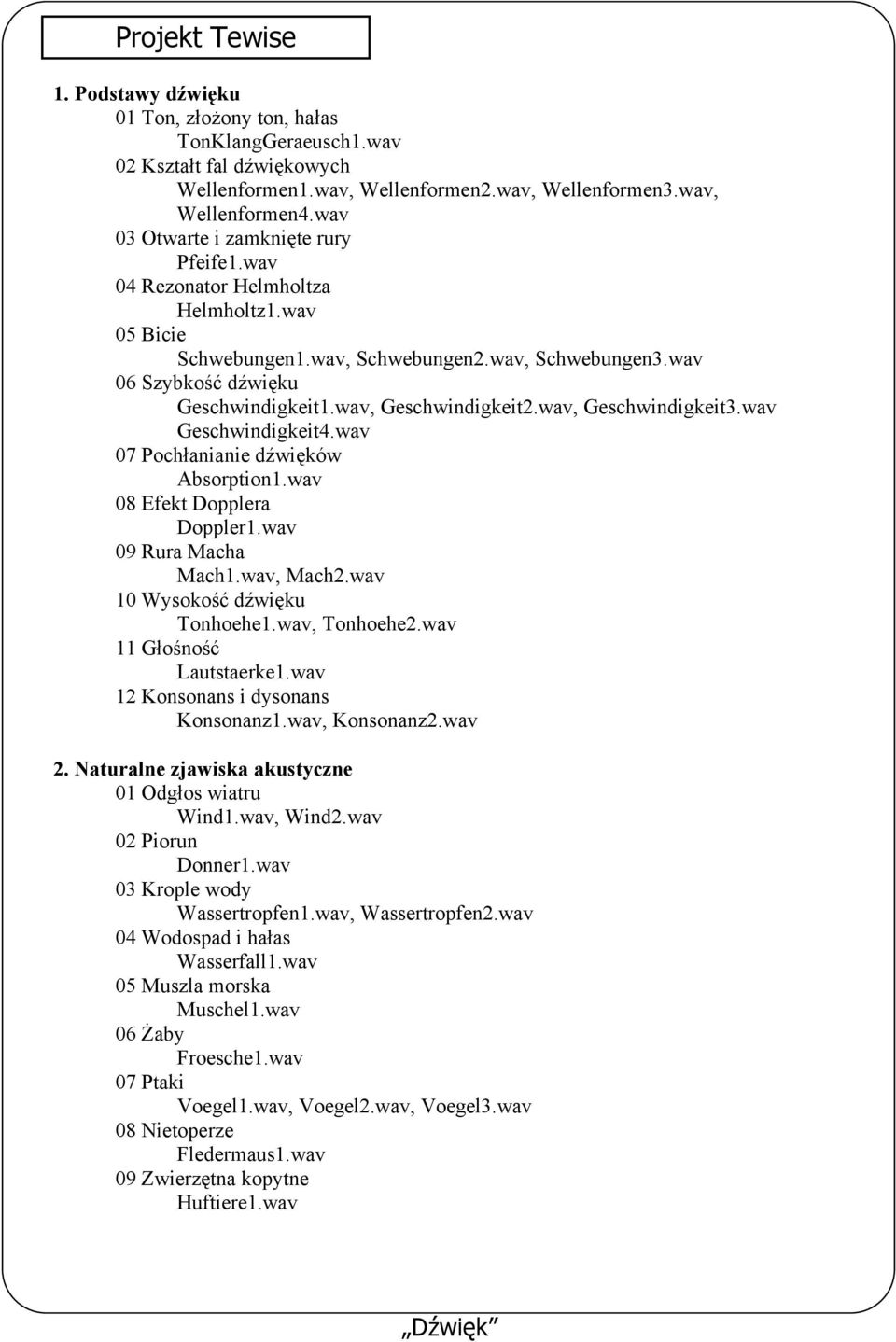 wav, Geschwindigkeit2.wav, Geschwindigkeit3.wav Geschwindigkeit4.wav 07 Pochłanianie dźwięków Absorption1.wav 08 Efekt Dopplera Doppler1.wav 09 Rura Macha Mach1.wav, Mach2.