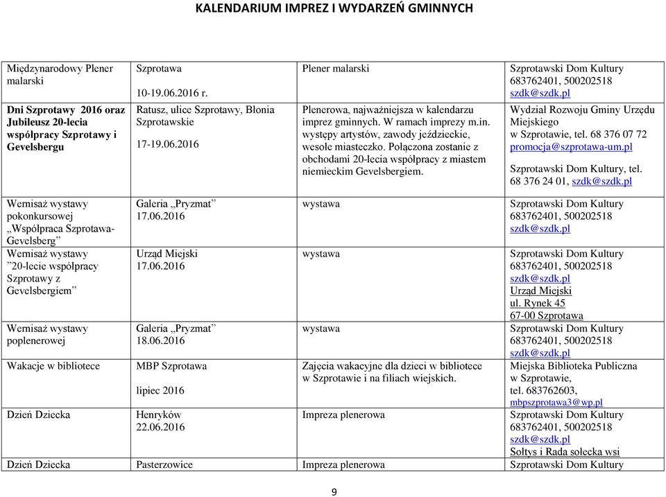 Połączona zostanie z obchodami 20-lecia współpracy z miastem niemieckim Gevelsbergiem. Wydział Rozwoju Gminy Urzędu Miejskiego w Szprotawie, tel. 68 376 07 72 promocja@szprotawa-um.pl, tel.