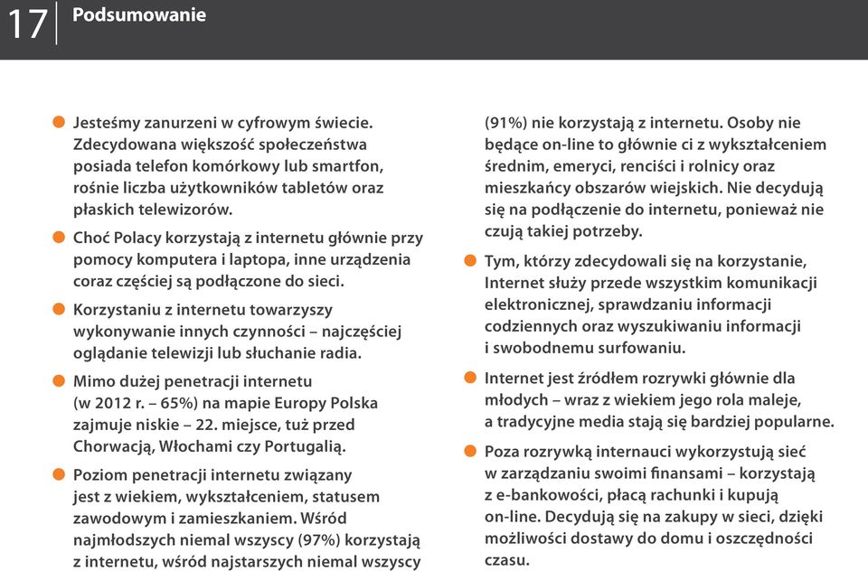 Korzystaniu z internetu towarzyszy wykonywanie innych czynności najczęściej oglądanie telewizji lub słuchanie radia. Mimo dużej penetracji internetu (w 2012 r.