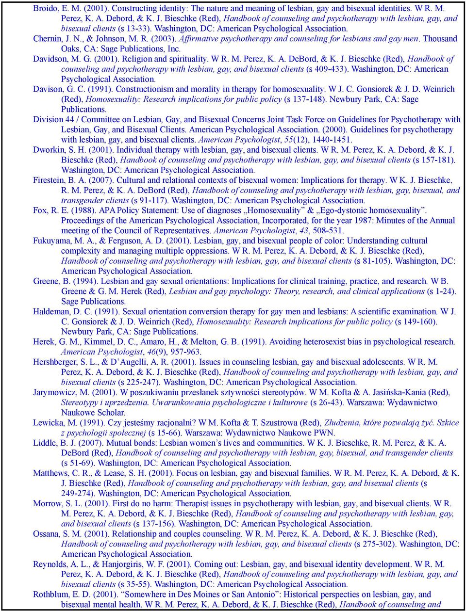 Affirmative psychotherapy and counseling for lesbians and gay men. Thousand Oaks, CA: Sage Publications, Inc. Davidson, M. G. (2001). Religion and spirituality. W R. M. Perez, K. A. DeBord, & K. J.
