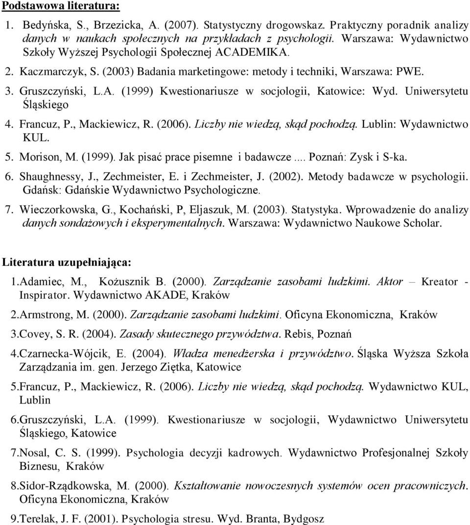 Uniwersytetu Śląskiego 4. Francuz, P., Mackiewicz, R. (2006). Liczby nie wiedzą, skąd pochodzą. Lublin: Wydawnictwo KUL. 5. Morison, M. (1999). Jak pisać prace pisemne i badawcze... Poznań: Zysk i S-ka.