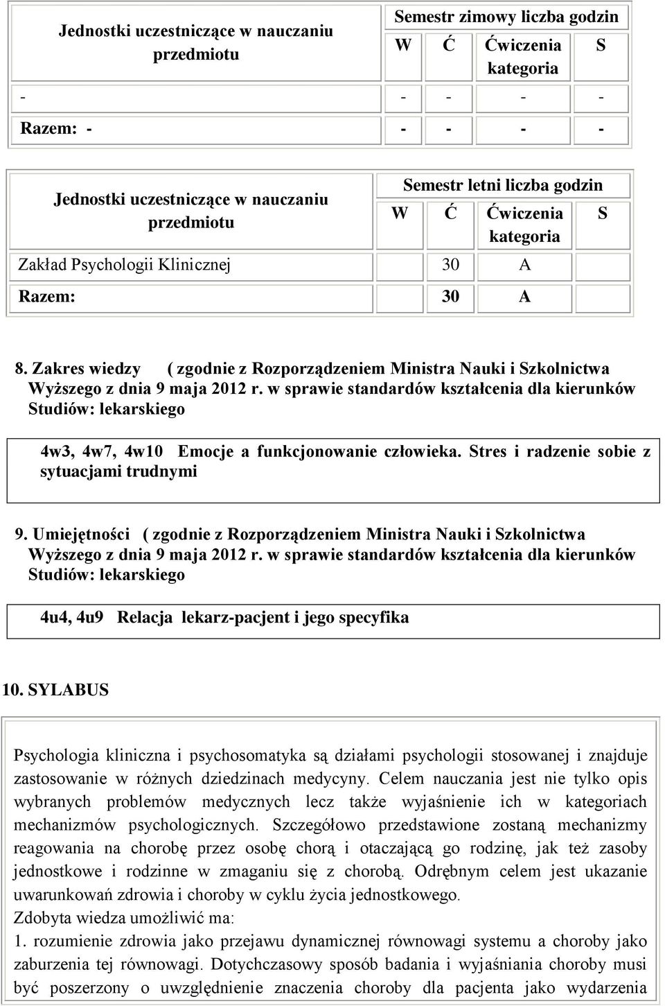 w sprawie standardów kształcenia dla kierunków Studiów: lekarskiego 4w3, 4w7, 4w10 Emocje a funkcjonowanie człowieka. Stres i radzenie sobie z sytuacjami trudnymi 9.