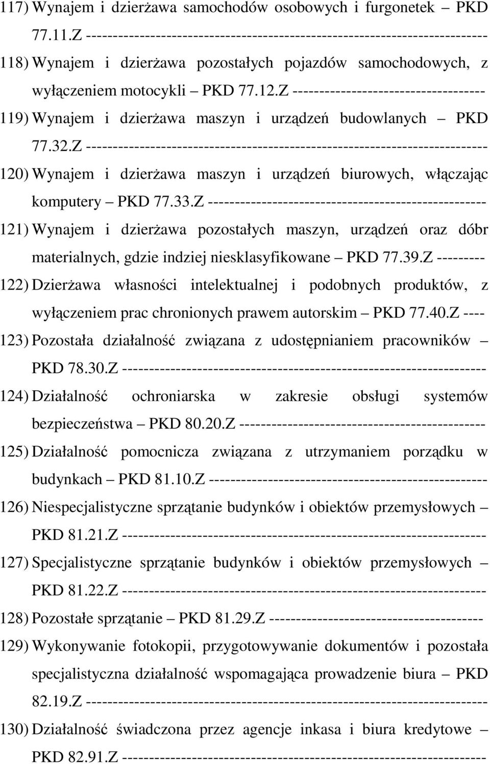 Z --------------------------------------------------------------------------- 120) Wynajem i dzierżawa maszyn i urządzeń biurowych, włączając komputery PKD 77.33.