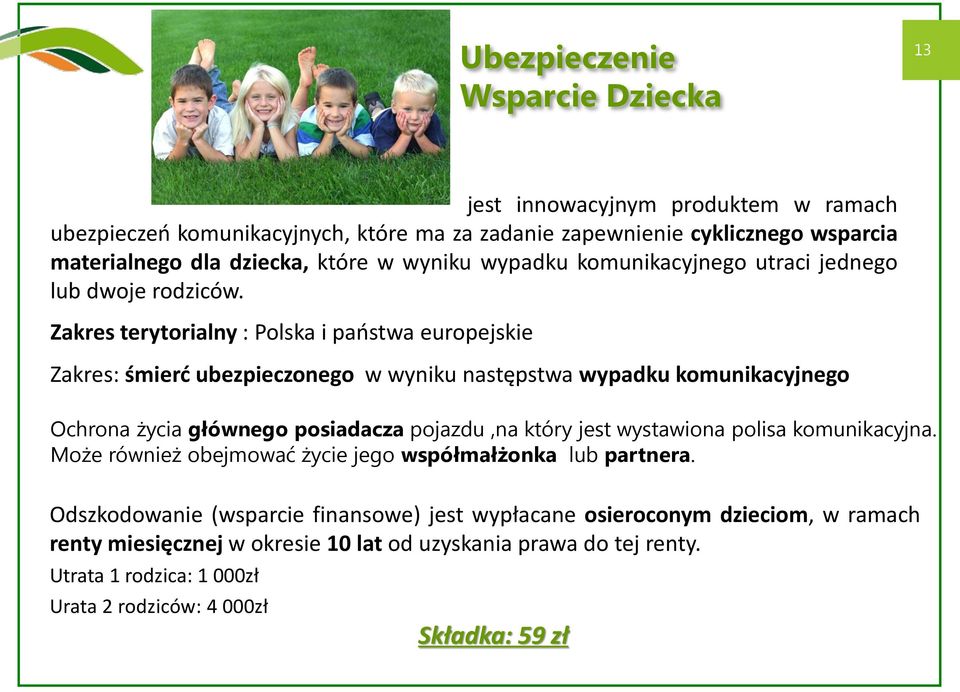 Zakres terytorialny : Polska i państwa europejskie Zakres: śmierć ubezpieczonego w wyniku następstwa wypadku komunikacyjnego Ochrona życia głównego posiadacza pojazdu,na który jest