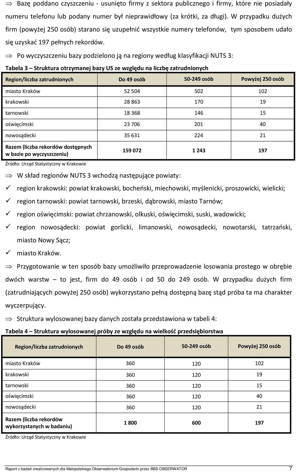 Po wyczyszczeniu bazy podzielono ją na y według klasyfikacji NUTS 3: Tabela 3 Struktura otrzymanej bazy US ze względu na liczbę zatrudnionych Region/liczba zatrudnionych Do 49 osób 50-249 osób