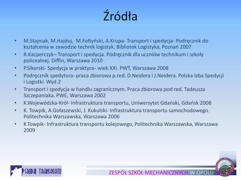 Neidera. Polska Izba Spedycji i Logistki. Wyd.2 Transport i spedycja w handlu zagranicznym. Praca zbiorowa pod red. Tadeusza Szczepaniaka. PWE, Warszawa 2002 K.