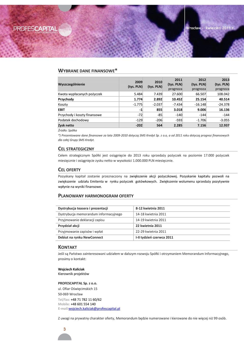 055 Zysk netto -202 564 2.285 7.156 12.937 Źródło: Spółka *) Prezentowane dane finansowe za lata 2009-2010 dotyczą SMS Kredyt Sp. z o.