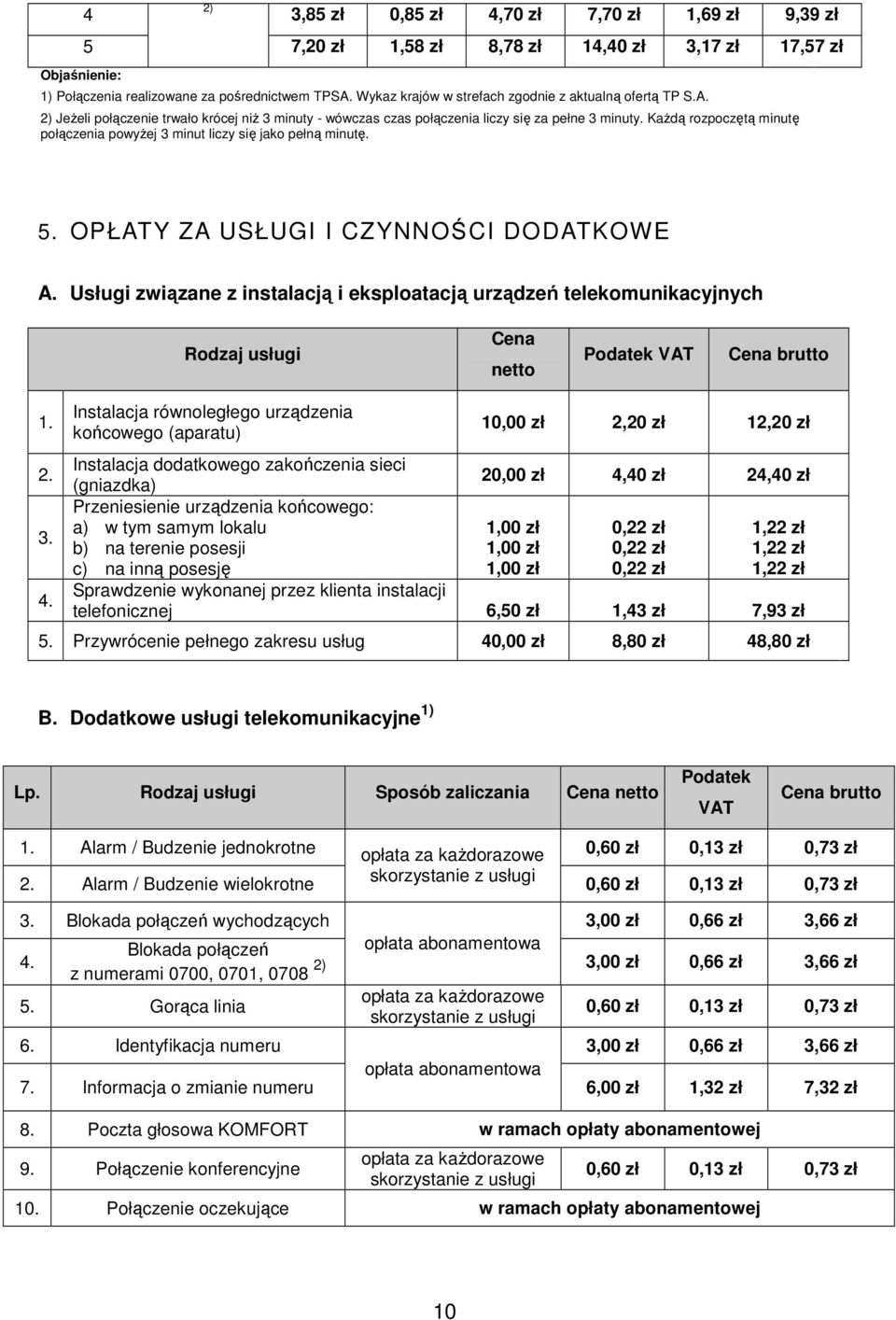 KaŜdą rozpoczętą minutę powyŝej 3 minut liczy się jako pełną minutę. 5. OPŁATY ZA USŁUGI I CZYNNOŚCI DODATKOWE A.