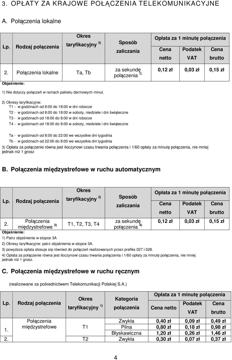 2) y taryfikacyjne: T1 - w godzinach od 8:00 do 18:00 w dni robocze T2 - w godzinach od 8:00 do 18:00 w soboty, niedziele i dni świąteczne T3 - w godzinach od 18:00 do 8:00 w dni robocze T4 - w