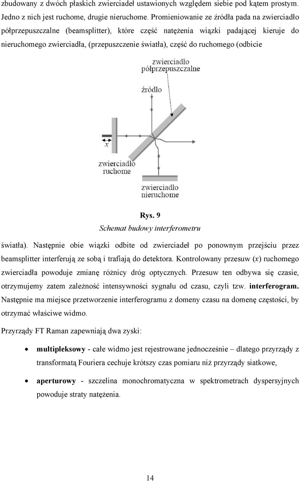 (odbicie Rys. 9 Schemat budowy interferometru światła). Następnie obie wiązki odbite od zwierciadeł po ponownym przejściu przez beamsplitter interferują ze sobą i trafiają do detektora.