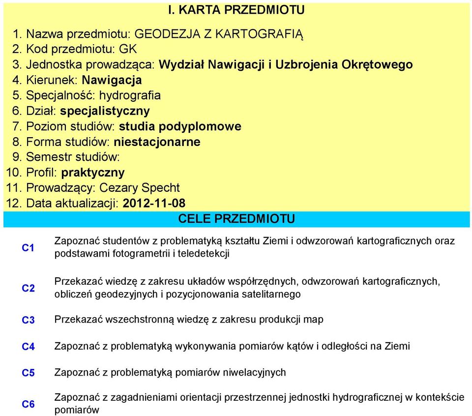 Data aktualizacji: 2012-11-08 CELE PRZEDMIOTU C1 C2 C3 C C5 C6 Zapoznać studentów z problematyką kształtu Ziemi i odwzorowań kartograficznych oraz podstawami fotogrametrii i teledetekcji Przekazać