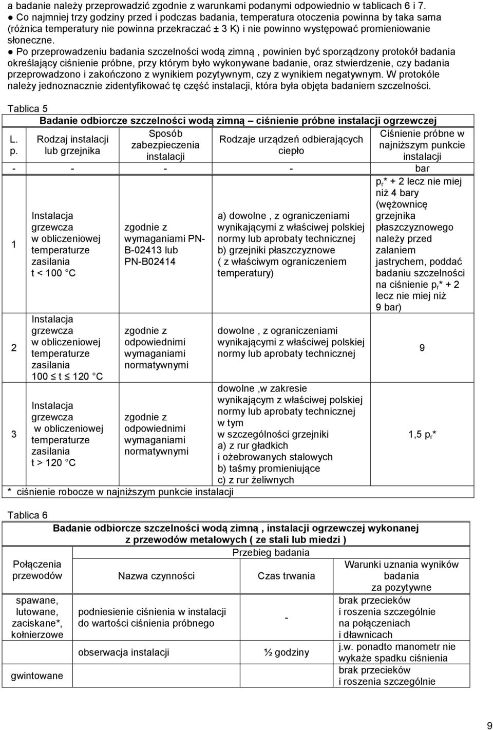 Po przeprowadzeniu badania szczelności wodą zimną, powinien być sporządzony protokół badania określający ciśnienie próbne, przy którym było wykonywane badanie, oraz stwierdzenie, czy badania