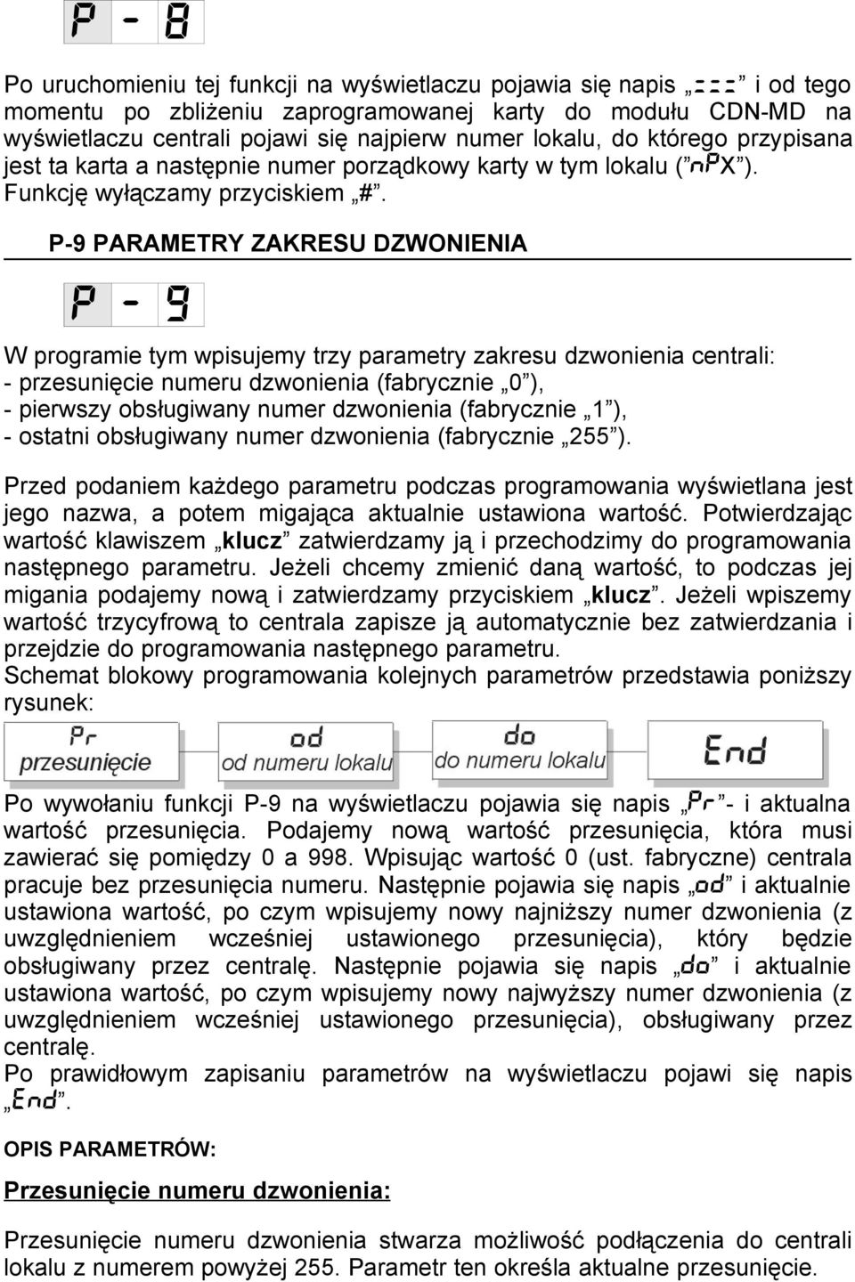 P-9 PARAMETRY ZAKRESU DZWONIENIA P - 9 W programie tym wpisujemy trzy parametry zakresu dzwonienia centrali: - przesunięcie numeru dzwonienia (fabrycznie 0 ), - pierwszy obsługiwany numer dzwonienia