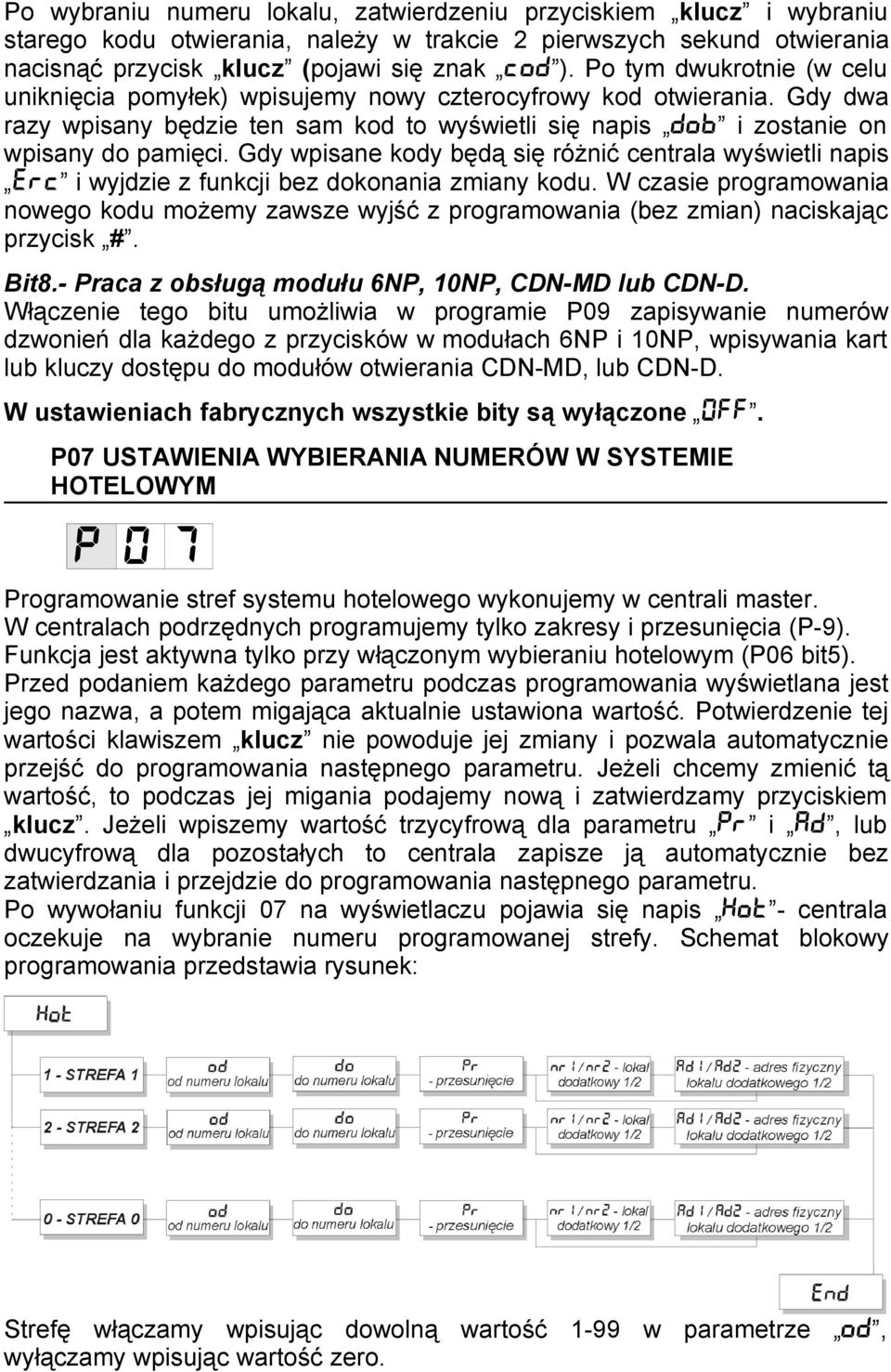 Gdy wpisane kody będą się różnić centrala wyświetli napis erc i wyjdzie z funkcji bez dokonania zmiany kodu.