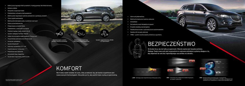 Podział drugiego rzędu siedzeń 60:40 System nawigacji TomTom Mazda 1 Układ utrzymywania stałej prędkości (Tempomat) Alarm antywłamaniowy Elektrochromatyczne lusterko wsteczne Immobilizer Ostrzeżenie