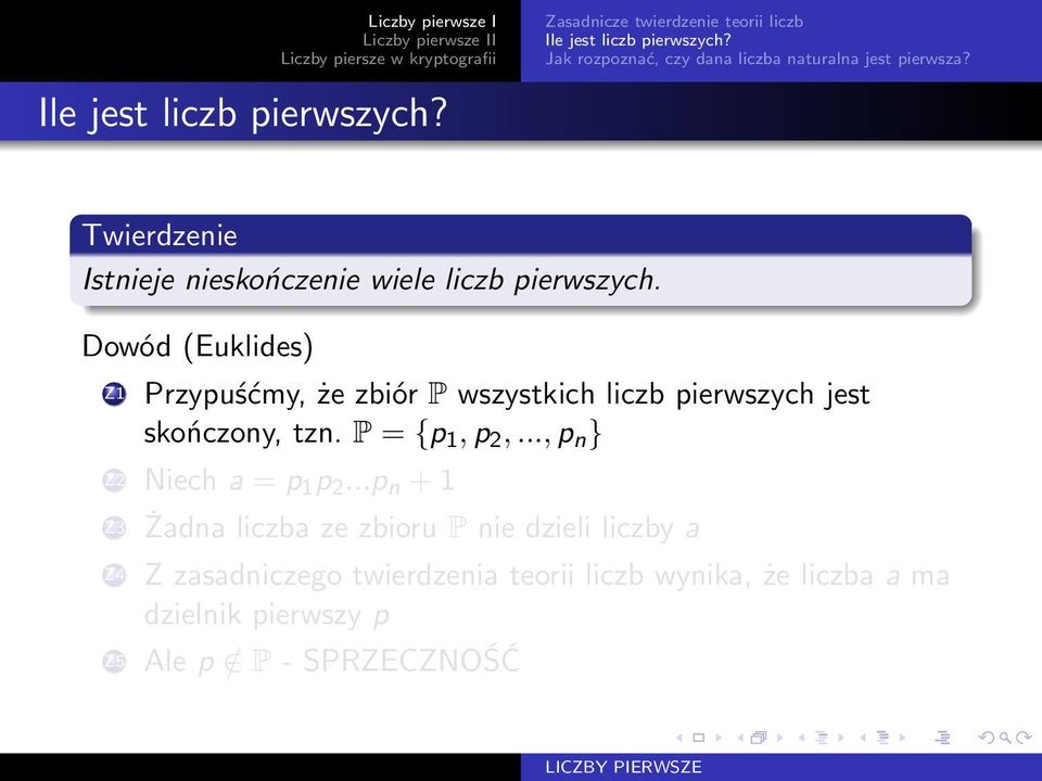 Dowód (Euklides) Z1 Przypuśćmy, że zbiór P wszystkich liczb pierwszych jest skończony, tzn. P = {p 1, p 2,.