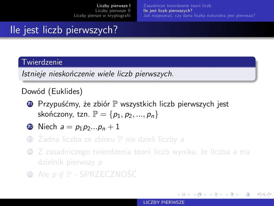 Dowód (Euklides) Z1 Przypuśćmy, że zbiór P wszystkich liczb pierwszych jest skończony, tzn. P = {p 1, p 2,.