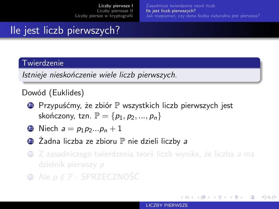 Dowód (Euklides) Z1 Przypuśćmy, że zbiór P wszystkich liczb pierwszych jest skończony, tzn. P = {p 1, p 2,.