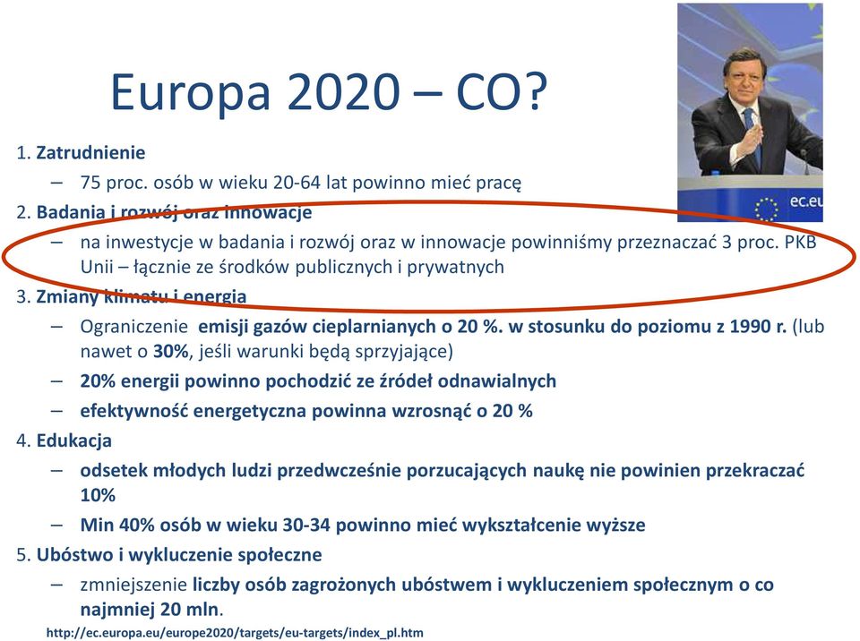 (lub nawet o 30%, jeśli warunki będą sprzyjające) 20% energii powinno pochodzić ze źródeł odnawialnych efektywność energetyczna powinna wzrosnąć o 20 % 4.