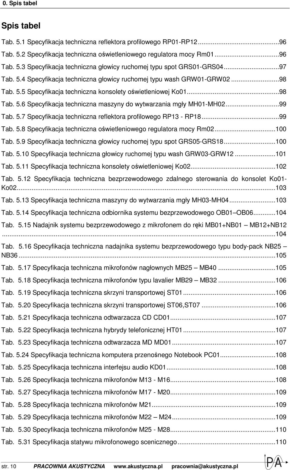 ..99 Tab. 5.7 Specyfikacja techniczna reflektora profilowego RP13 - RP18...99 Tab. 5.8 Specyfikacja techniczna oświetleniowego regulatora mocy Rm02... 100 Tab. 5.9 Specyfikacja techniczna głowicy ruchomej typu spot GRS05-GRS18.