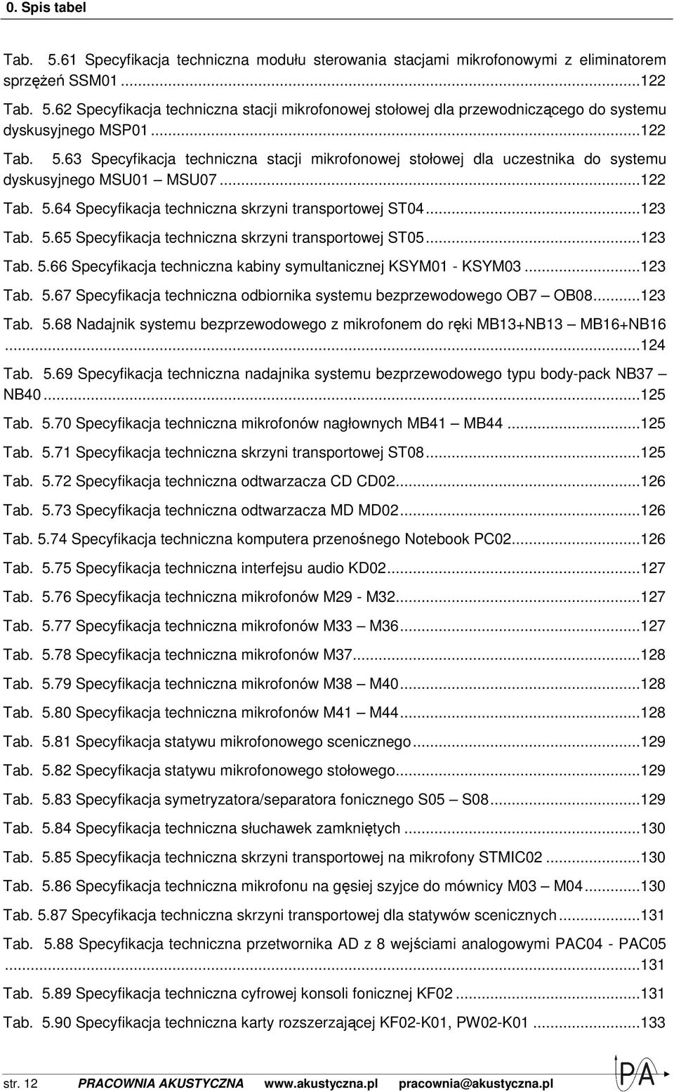 5.65 Specyfikacja techniczna skrzyni transportowej ST05... 123 Tab. 5.66 Specyfikacja techniczna kabiny symultanicznej KSYM01 - KSYM03... 123 Tab. 5.67 Specyfikacja techniczna odbiornika systemu bezprzewodowego OB7 OB08.