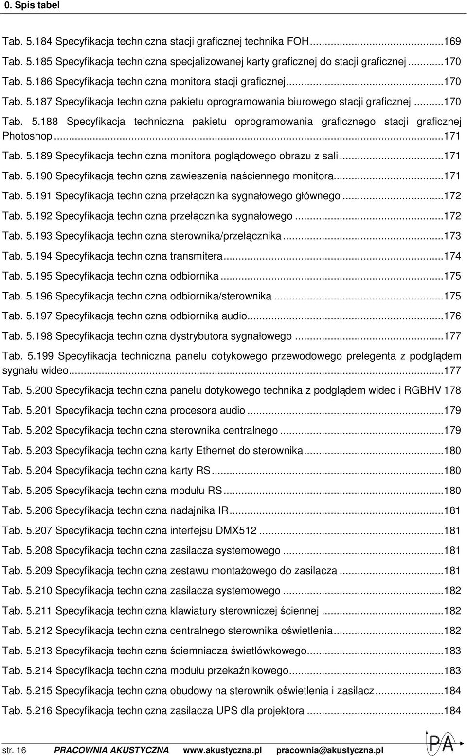 .. 171 Tab. 5.189 Specyfikacja techniczna monitora poglądowego obrazu z sali... 171 Tab. 5.190 Specyfikacja techniczna zawieszenia naściennego monitora... 171 Tab. 5.191 Specyfikacja techniczna przełącznika sygnałowego głównego.
