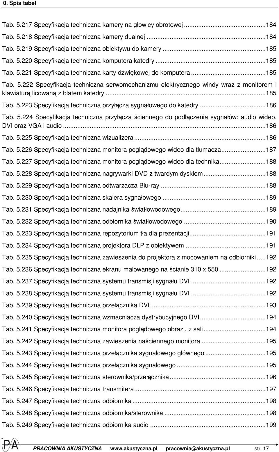 .. 185 Tab. 5.223 Specyfikacja techniczna przyłącza sygnałowego do katedry... 186 Tab. 5.224 Specyfikacja techniczna przyłącza ściennego do podłączenia sygnałów: audio wideo, DVI oraz VGA i audio.